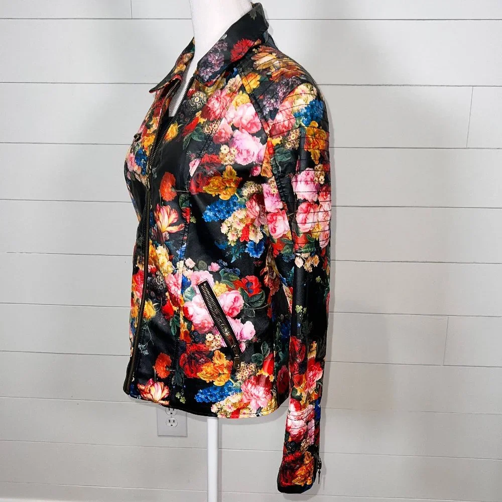 Multicolor Floral Pleather Long Sleeve Jacket Size M - Picture 6 of 10